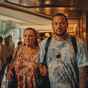 Hyperrealism.A sweaty  man walking with his mother in law with n...
