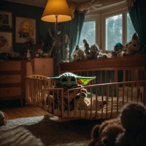 The Mandalorian character, put baby Yoda in its crib, in the bed...