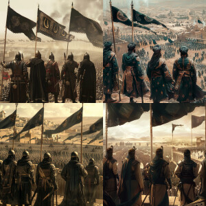 Generate a picture of 5 Muslim army generals with their backs sh...