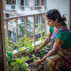 A young Indian mother having a small kitchen garden in an apartm...