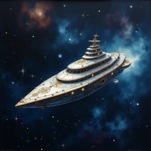 A mystifying astral cosmic caravel glides through the depths of...