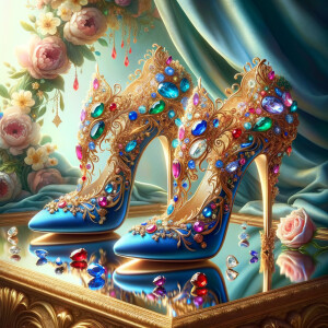 Imagine a pair of enchanting shoes, each a mirror image of the other, placed gracefully upon a regal surface. They are bathed in the soft, diffuse light that casts gentle reflections upon their silk fabric. These shoes are no ordinary footwear; they are a masterpiece of vibrant royal blue, adorned with ornate golden filigree and a multitude of glittering jewels in various hues—rubies, sapphires, emeralds, and delicate pink diamonds. Each shoe boasts an elegant, curved heel in a matching vivid blue, with tiny red and blue gems accenting the base. The shoes are positioned against a backdrop of soft-focus flowers, their pastel colors complementing the rich tones of the shoes, with hints of gold framing providing a touch of opulence. This image captures the essence of a fairy tale brought to life, a visual symphony of color and splendor.