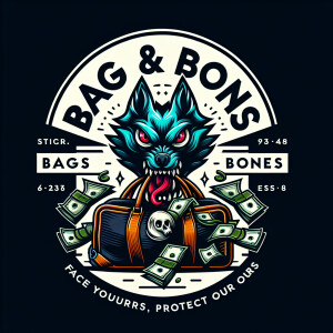very detailed logo showing vicious 6 eyed wolf eating a money du...