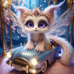 Imagine a whimsical, fluffy creature with large, sparkling purpl...