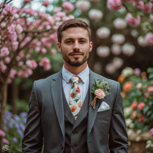 photography, look to the front, a groom in a floral tie or bouto...