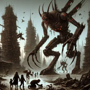 Krampus stealing children in a sci fi post apocalypse world. The...