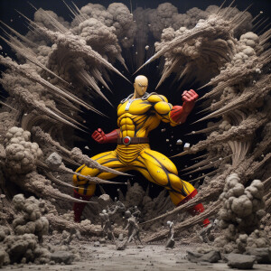 Saitama, clad in his iconic yellow bodysuit and red gloves, unle...