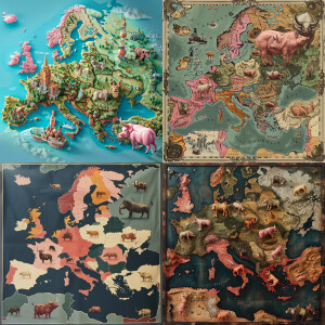 Map flat with countries copper bulls named CBO,
women named WOMA...