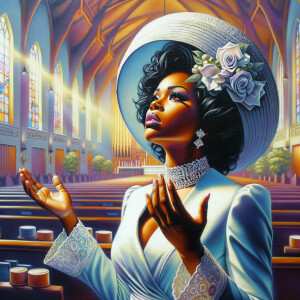 Render an airbrush oil painting of an African American woman with flawless makeup
kneeling at a church altar, her hands raised in a gesture of surrender to God. She's
dressed in stylish Sunday Best attire, with a particular focus on the delicate details of
her Church Hat. The background features a beautifully painted church interior, with the
oil paint texture enhancing the sacred atmosphere. The artwork should capture the
woman's devout expression, the elegance of her attire, and the spiritual ambiance of
the church setting, reflecting a moment of deep faith and devotion.