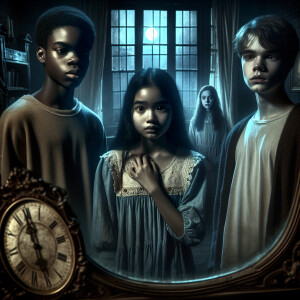 Three teenagers are standing in a dark mansion. The figure of a...