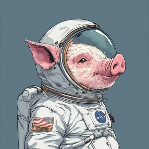 Cute cartoon pig in vintage white spacesuit and NASA style helme...