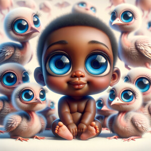 Cute and adorable African-American with huge blue eyes cartoon fluffy baby rhea, fantasy, dreamlike, surrealism, super cute