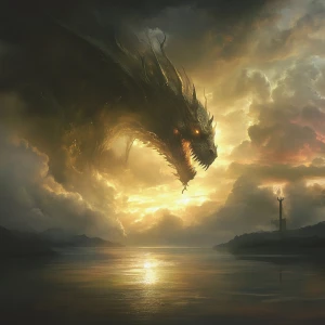 Langsam taucht das Gesicht des Drachen auf, das sich schwach in...