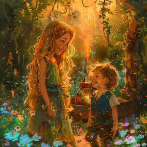 Background: A whimsical garden at sunrise with luminescent flowe...