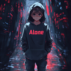 A confident anime-style coder boy named Alone standing tall, wit...