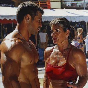 Photorealism,a muscular sweaty beefy man standing and  talking t...
