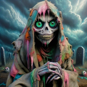 The scene features a character in a tattered, hooded outfit, rem...