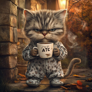 Early morning, cute disheveled kitten in stylish pajamas, wearin...