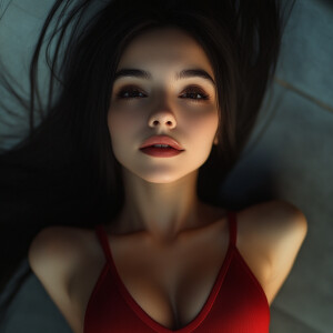 Capture the elegance of a fair-skinned woman with dark long stra...