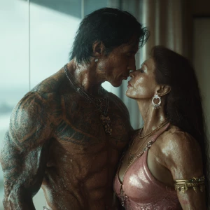 Hyperrealism ,a latin muscular beefy tattoed sweaty man kissin...