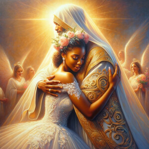 Imagine a hyper-realistic oil painting that captures a tender moment between theAfrican American bride and her God. The setting is intimate and filled with soft, warm lighting that enhances the emotional depth of the scene. The bride, in herexquisite wedding gown, shares a heartfelt embrace with her african-American Lord Jesus , who is dressedin an elegant outfit that complements the wedding's color scheme. Their expressions are full of love, pride, and joy, reflecting the special bond between them. Theattention to detail is paramount, from the intricate designs of their dresses to the subtle emotions conveyed in their facial expressions. The background is a blur ofgentle pastel hues, ensuring that the focus remains on this touching moment. Thispainting should convey the warmth, love, and depth of the relationship, with the rich textures and vibrant strokes characteristic of oil paintings, capturing the essence of this significant pre-wedding moment.