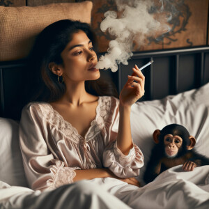 Woman in her nightgown smoking a cigarette in bed with a chimp.