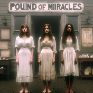 Create a color film photograph from 1962 of three beautiful, ext...