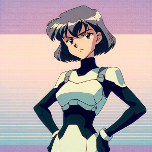 1990s anime screencap, girl a plugsuit, standing with hands on h...