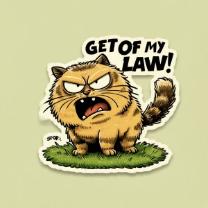 /imagine a grumpy cartoon-style cat standing on a lawn, fur fluf...