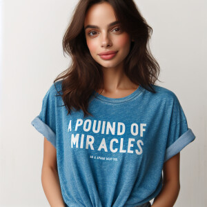 Brunette woman with tig ok biddies wearing a blue T-shirt that s...