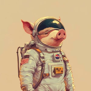 Cute cartoon pig in vintage white spacesuit and NASA style helme...