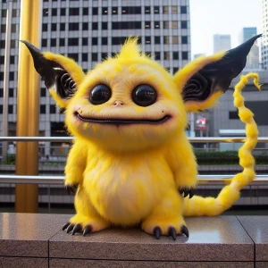 a grotesquely mutated Pikachu causing destruction in a city.