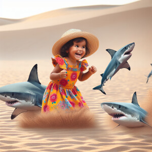 Little girl playing with sharks in desert