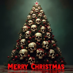 A Christmas tree constructed entirely from human skulls, adorned...
