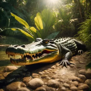 Create an image of a crocodile basking in the sun on a riverbank...