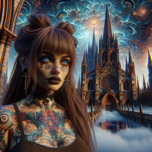 Brown Headed Gothic Woman with Tattoos with a Cathedral in the b...