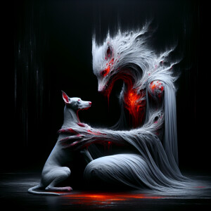 a powerful and savage looking white ghost dripping with crimson...