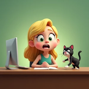 A cartoon of a blond girl with green eyes sitting at a neat a cl...