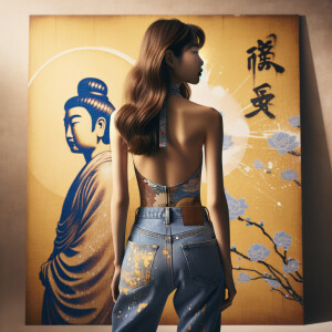 Athletic Thin skinny Attractive, Asian teenage girl, long brown hair and bangs, wearing tight skinny jeans and a halter top paint marks on her clothing, heroic pose Asian graffiti background, backside view