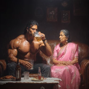 Hyperrealism photo painting.a muscular   criminal delhi man sitt...