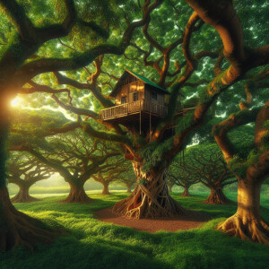 Design a cozy tree house nestled in a mango tree surrounded by l...