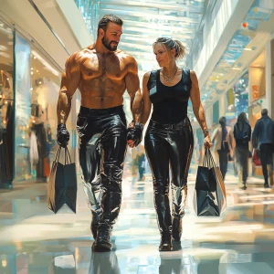 Realism,a muscular sweaty beefy,man walking with his 50 years ol...
