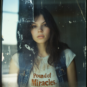 Create a film photograph from 1976 of a beautiful brunette 23-ye...