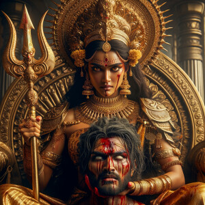 portrait of angry looking goddess durga sitting on a gold crown and carrying a weak mahishasur on her lap and stabbing him with her amazingly designed trident. She is wearing gold armor, a huge gold crown, gold saree, abundant  gold jewelry, covered in blood. The scene is set in ancient India. The image is 8K resolution, cinematic, ultra detailed face and epic.