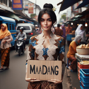 wanita Indonesia membawa tulisan "madang"
