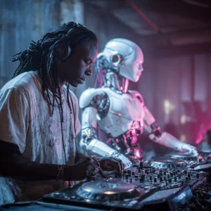 Anyma, a DJ, is positioned in front of his high-tech DJ equipmen...