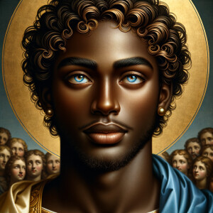 Create a beautiful African-American Jesus Christ with Hazel, brown eyes and blue and gold robe