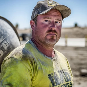 Brian Nobles a real 35 year old Caucasian male who is using  a concrete mixer, he is a  pump operator holding the hose which carries the liquid concrete to the foundation pour, Brian is slowly  beginning his transition into middle age, Brian Nobles is beginning to look like a middle aged man, he has large reflective blue eyes and a wrinkled brow,Brian is greying balding , prominent large protruding round fat obese belly,,thick greying goatee beard,decreased muscle mass ,very noticeable male pattern balding hairline, Brian Nobles now has a  prominent receding and thinning male hairline (onset male pattern baldness), slightly fat overweight(Caucasian)wearing tight body conforming  glossy satin shiny green and gold tight fitting body conforming UnderArmour athletic bodysuit,emblazoned with the "KD HOMES" real estate logo, standing confidently in front of a newly completed constructed new KD HOME in Victorville California in a raw desert landscape. Brian has a protruding fat obese muscular physique, large male bulge, fat obese muscular frame , shows a substantial frame with a noticeable mature hairline and expressive eyes. His workman’s  pose should reflect his experience in his trade.