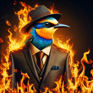 Bird in business suit and hat stay in flame