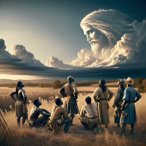 Slaves from the 1600s looking up at a cloud formation, the cloud...